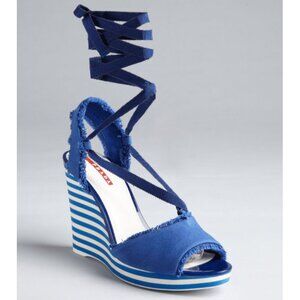 PRADA SPORT SHOES STRIPED WEDGE BLUE CANVAS ANKLE WRAP SANDALS sz 40 / 10